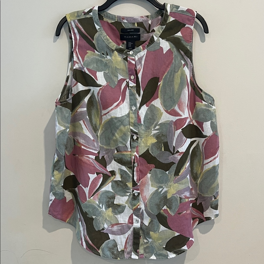 Tahari Women's Sleeveless Floral Blouse Pink, Green and White 100% Linen Size XL